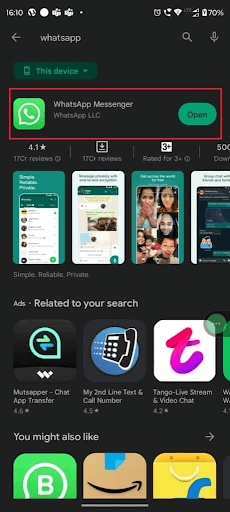 application page of WhatsApp Messenger application page of WhatsApp Messenger