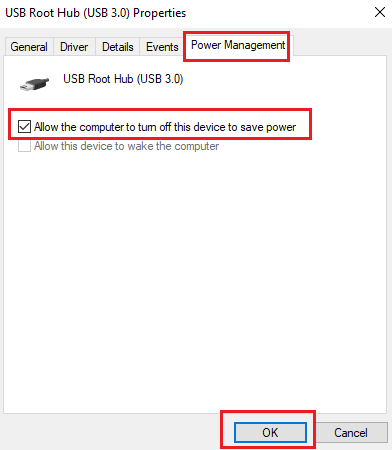 check allow the computer to turn off this device to save power option