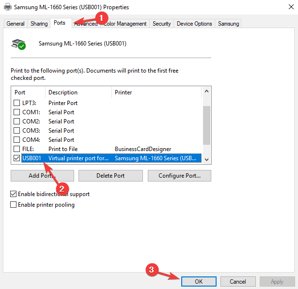 Navigate Ports tab of the Printer Properties window