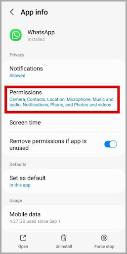 Tap on the Permissions option to access the authorization WhatsApp Tap on the Permissions option to access the authorization WhatsApp