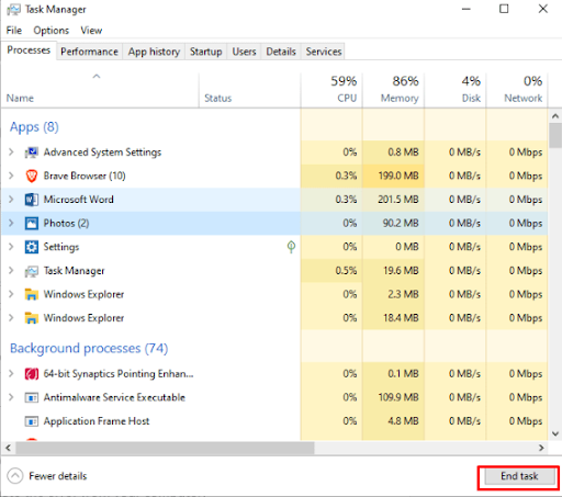 Task Manager - End Task the apps